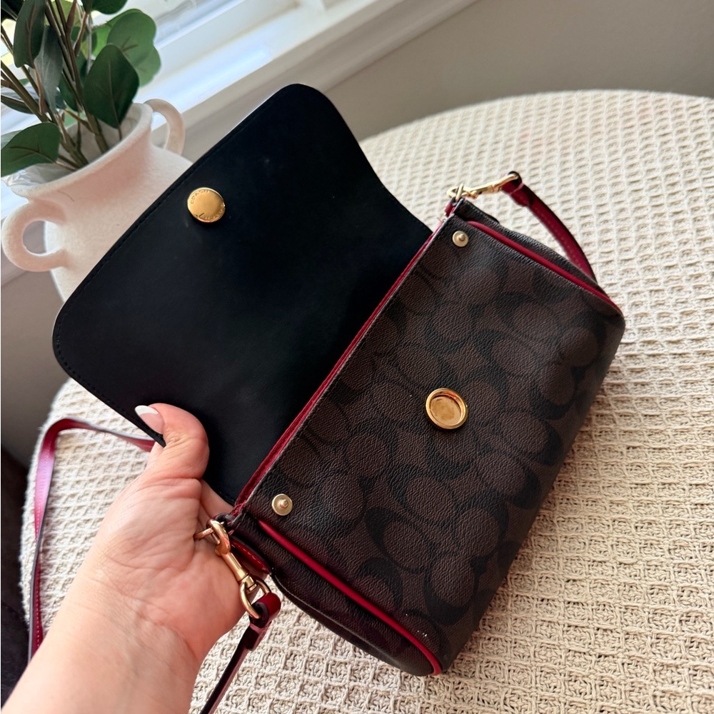 Coach Signature Canvas Crossbody with Red Flap and Brown Body - Picture 8 of 11